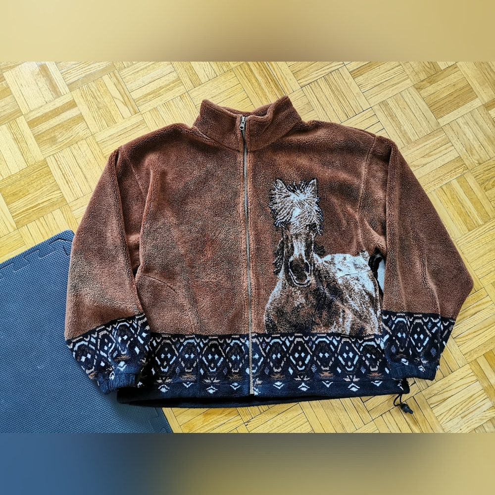 Vintage Reddish Brown Horse Print Lightweight Fleece Jacket Size L Unisex Rare